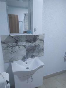 a bathroom with a white sink and a mirror at Alped in Zestafoni