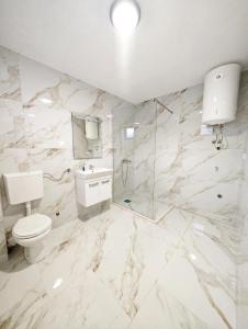 a white bathroom with a toilet and a shower at Azur Apartments Bar in Bar