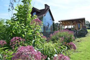 a garden with purple flowers in front of a house at Agroturystyka u Ani in Worpławki