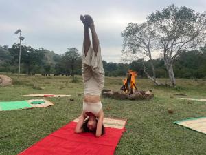 a woman doing a yoga pose on a red blanket at Nature Kingdom Sri Lanka in Hambegamuwa