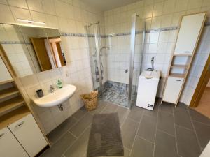 a bathroom with a shower and a sink at Kleine Hérrlichkeit 22 in Wangerland +22 photos