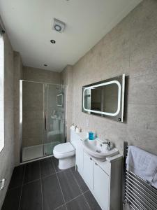 a bathroom with a toilet and a sink and a shower at Edinburgh West Residences in Edinburgh
