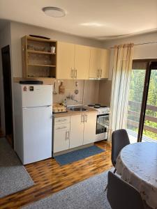 a kitchen with a white refrigerator and a table at Apartmani Zelena jela in Šljivovica +1 photo