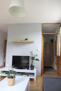 a living room with a flat screen tv on a white table at Apartmán PT Donovaly in Donovaly