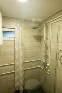 a bathroom with a shower with a glass door at Naissus Apartments in Niš +50 photos