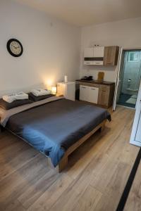 a bedroom with a large bed and a kitchen at Naissus Apartments in Niš