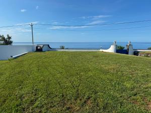 a grassy yard with the ocean in the background at Blue Whale Appartment in Horta +1 photo