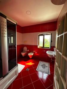 a red bathroom with two toilets and a sink at Drini river view in Shkodër +40 photos