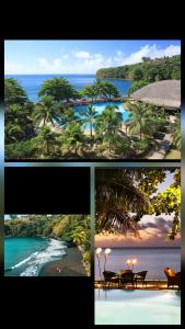 a collage of three pictures of a beach and the ocean at Uvini's Mahina Lodge in Mahina