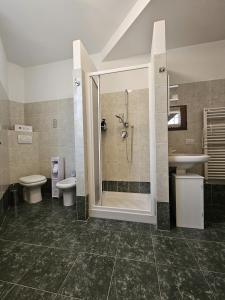 a bathroom with a shower and a toilet and a sink at La sosta di Strada in Strada