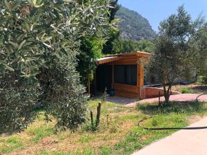 a wooden cabin with a mountain in the background at Selale Cennet Evleri in Kemer