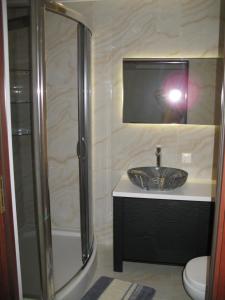 a bathroom with a sink and a shower at POD DĘBEM in Cerkiewnik