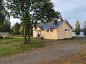 a yellow house with a tree in the yard at Pielinen in Lieksa