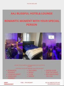 a page of a hotel room with a bed and furniture at AAJBLissful in Idowu