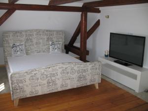 a living room with a couch and a flat screen tv at POD DĘBEM in Cerkiewnik