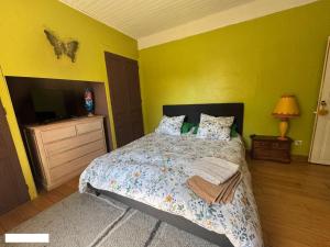 a bedroom with a bed and a tv and yellow walls at Maison L'étalonblanc in Tupin-et-Semons