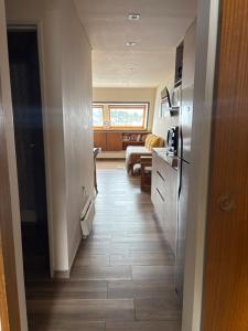 a hallway with a kitchen and a living room at Departamento dentro del centro de sky Valle de Las Leñas, Edificio Esparta in Las Lenas