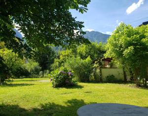 a garden with a table in the grass at Studio dans mon chalet La Mère Veille in La Girard