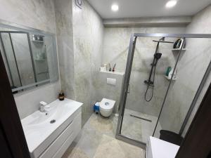 a bathroom with a shower and a sink and a toilet at Apartament in Chişinău