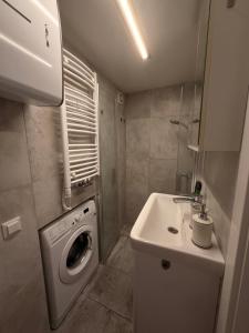 a bathroom with a washing machine and a sink at Apartmán 2 in Zlín