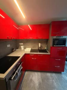 a red kitchen with red cabinets and a sink at Apartmán 2 in Zlín +2 photos