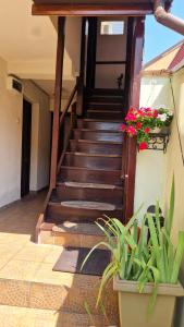 a staircase leading up to a building with flowers at Titulescu Apartments in Bucharest