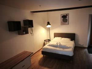 a bedroom with a bed and a lamp in it at Studio cosy centre ville in Besançon