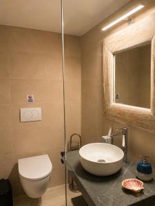 a bathroom with a sink and a toilet and a mirror at Lichno Spirit in Vourliótai +5 photos