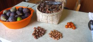 a table with a basket of nuts and a basket of tomatoes at Retro Kvirike in Kvirike