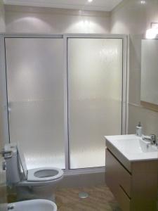 a bathroom with a shower and a toilet and a sink at Apartamento Sol e Mar 1 in Monte Gordo