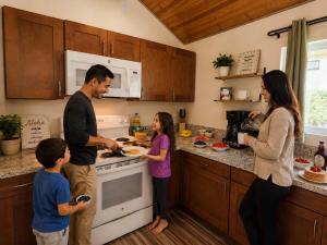 a family standing in a kitchen preparing food at Family Friendly Oasis- Firepit-Puzzles-Breakfast in Mountain View