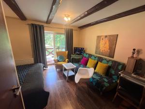 a living room with a green couch with colorful pillows at Willa Plejady in Karpacz