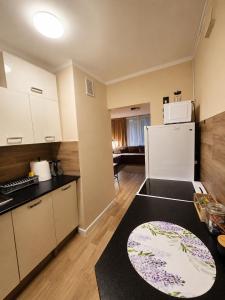 a kitchen with a refrigerator and a counter top at Boho Quiet Studio Kraków in Krakow
