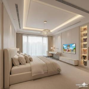 a white bedroom with a large bed and a desk at ErviApartments in Tirana