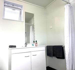 a white bathroom with a sink and a mirror at Charlton Motel in Gore