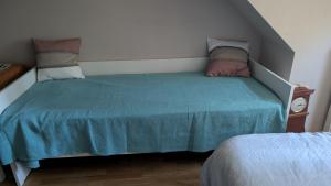 a bedroom with a bed with a green comforter at Le petit cocon in Linas