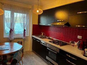 a kitchen with a sink and a table and a window at Apartament Lyonnet in Orşova