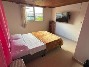 a small bedroom with a bed and a window at Hostal Castillo in Filandia