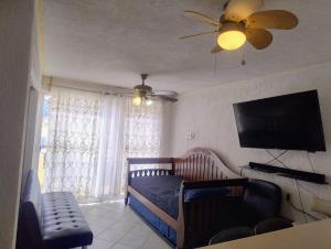 a living room with a couch and a flat screen tv at Acapulco Diamante - Playa Princess & GNP Arena in Acapulco