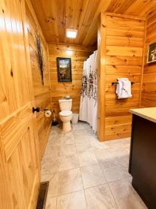 a bathroom with a toilet in a wooden wall at Black Bear Lodge in Pigeon Forge +6 photos