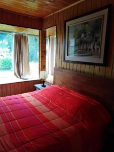 a bedroom with a red bed with a picture on the wall at Tu Refugio Natural en Mahuida in Pucón