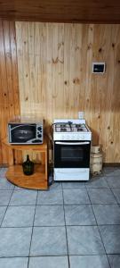 a kitchen with a stove and a microwave at Cabaña Don Jorge in Puerto Rico
