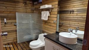 a bathroom with a white toilet and a sink at Refugio Cordillera Flora endógena Bosque Esclerófilo in San José de Maipo