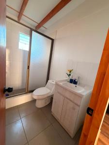 a bathroom with a toilet and a sink at Cabaña Tea Tea 2 in Hanga Roa