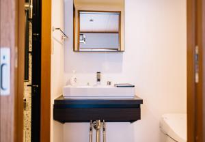 a bathroom with a sink and a mirror at Momo Lodge Madarao in Iiyama