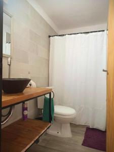 a bathroom with a white toilet and a sink at Cabaña del Mirador 5 in Puerto Pirámides +8 photos