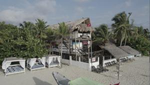a building on a beach with chairs and palm trees at El Rincón de Juan in San Onofre