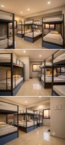 two different pictures of bunk beds in a room at Pink City Backpackers in Jaipur