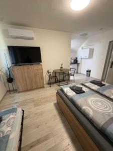 a living room with two beds and a flat screen tv at Villa Palma Balatonboglár in Balatonboglár