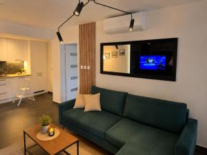 a living room with a green couch and a tv at Apartament Słowik Lux in Rowy